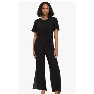 London Times Womens Black Flutter Sleeve Tie Waist Jumpsuit Size 4 Petite Career